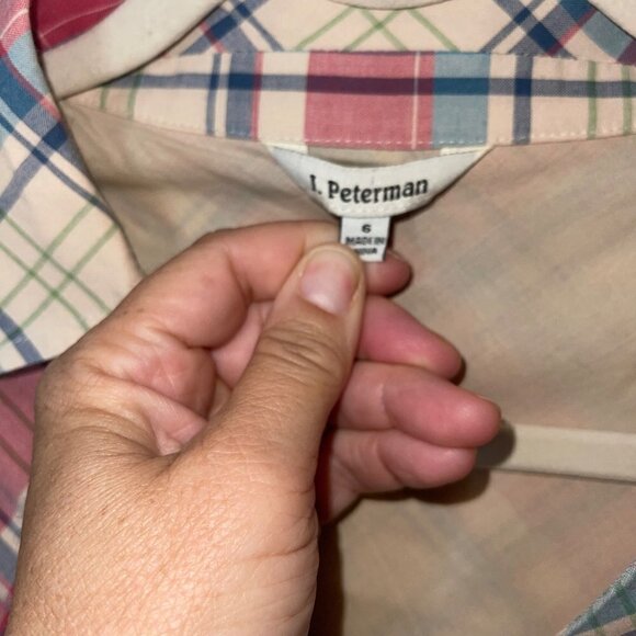 J Peterman Vintage Midi Dress Size 6 Pink Blue Cream Plaid Cotton Matching Belt - Picture 4 of 15